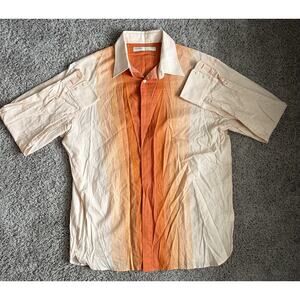 Perry Ellis Men's XL Striped Linen Cotton Short Sleeve Button-Up Orange Beige